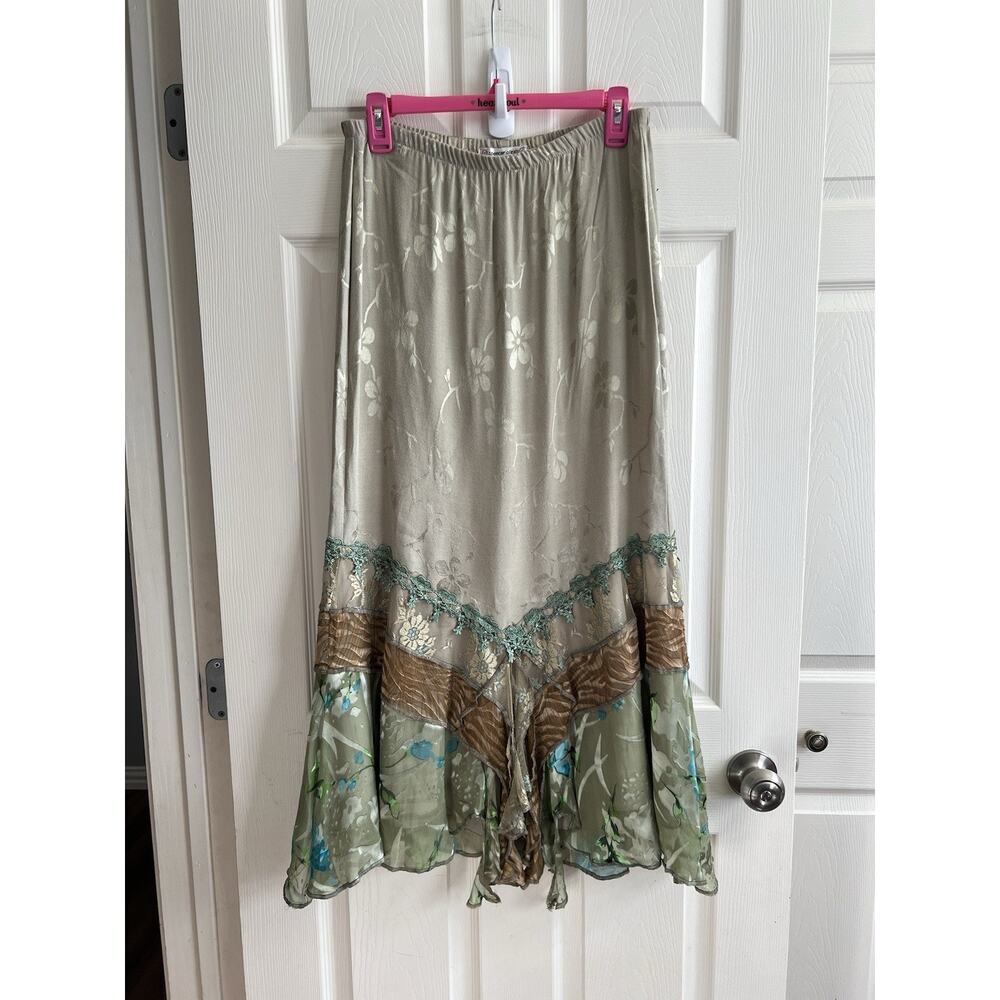 SPENCER ALEXIS Vintage Y2K Green Silk Blend Ethereal Whimsical Maxi Skirt XL